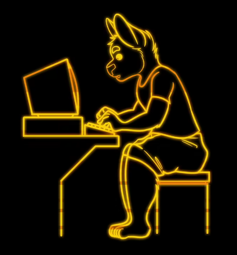 Illustration of a furry character at a computer