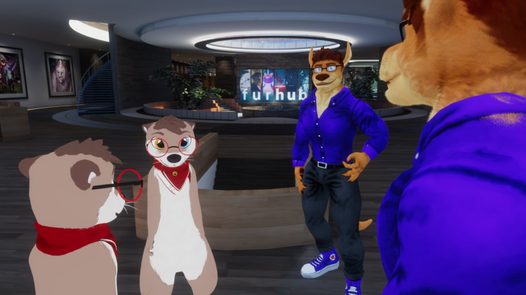 Two furry characters looking at themselves in a mirror in virtual reality.